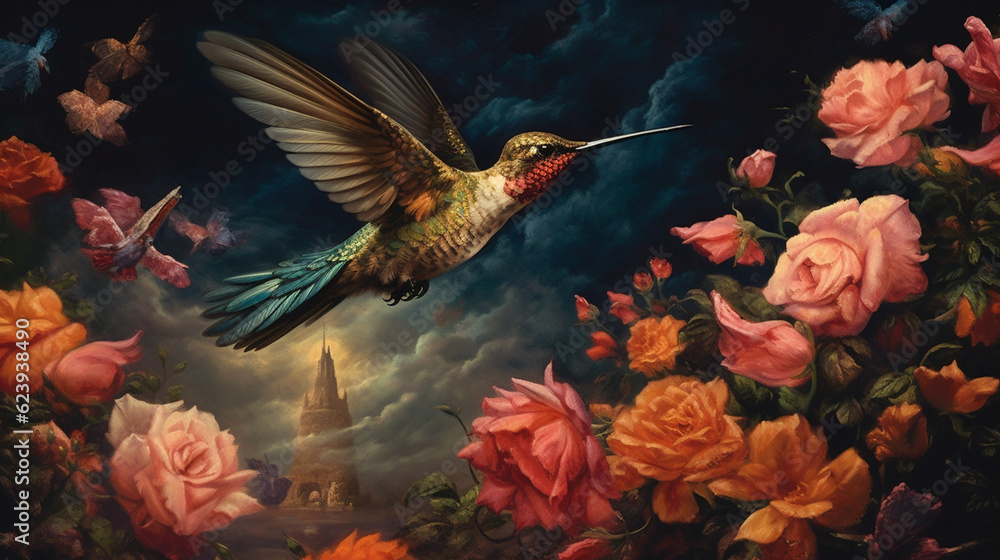 Fototapeta premium Delightfully beautiful nightingale bird on a flower background, illustration, generative ai