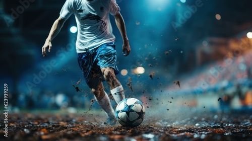 soccer player kicking the ball on the soccer field He wore unbranded sportswear, stadiums, and crowds