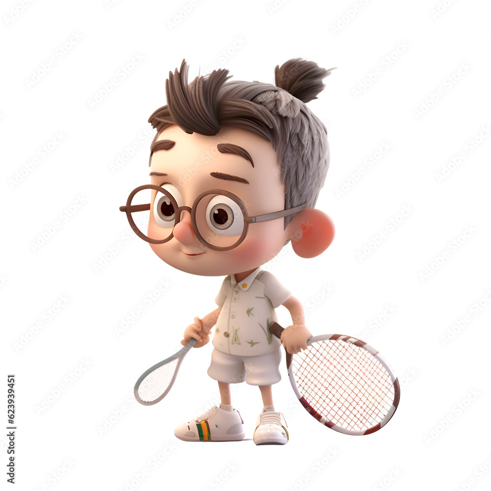 Boy playing badminton with glasses and a racket isolated on white