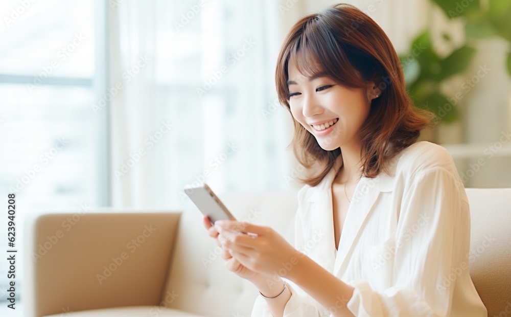 手に持ったスマホを笑顔で見つめる若い女性 手に持ったスマホを笑顔で見つめる若い女性