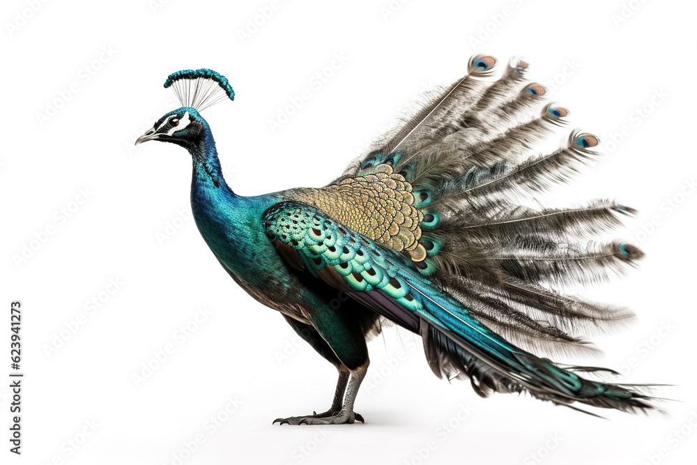 Fototapeta premium Image of peacock on a white background. Bird. Animals. Illustration, generative AI.