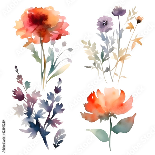 Watercolor flowers set. Hand painted illustration isolated on white background. © Waqar