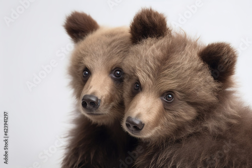Image of two baby bears cubs cuddle together. Wildlife Animals. Illustration, Generative AI. photo