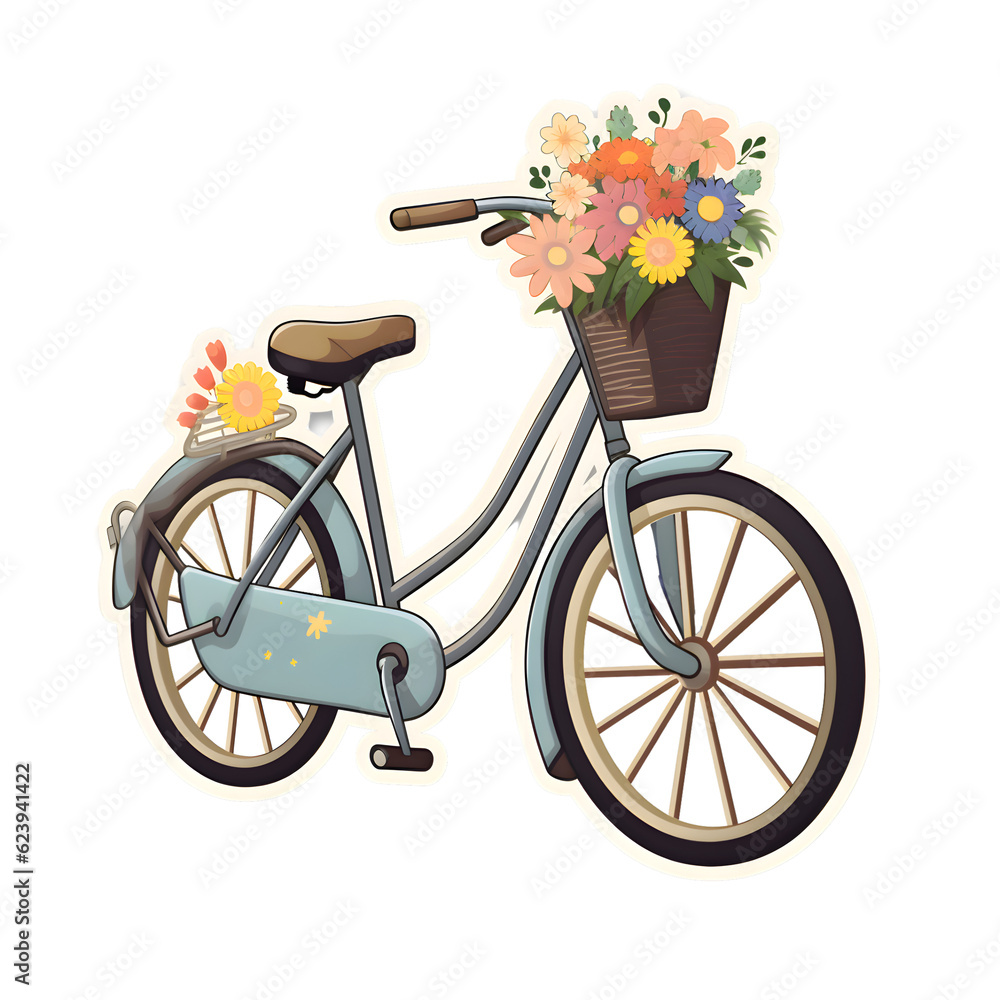 Bicycle with basket of flowers. Vector illustration on white background.