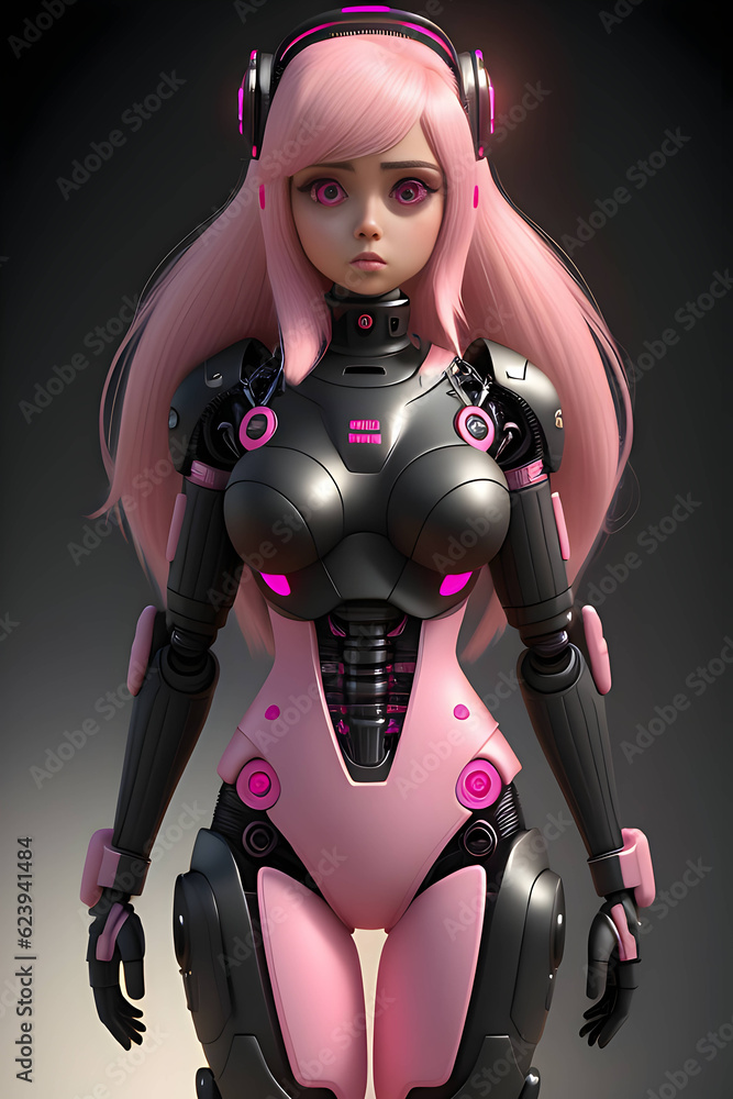 Pink girl with bionic robot black and pink Pink girl with bionic robot black and pink
