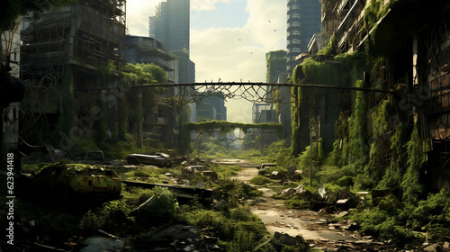 Urban landscape with plants and mosses growing in the absence of humans [AI Generate]  © kamonobubu