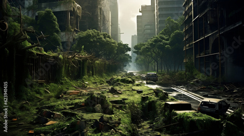 Urban landscape with plants and mosses growing in the absence of humans [AI Generate] 