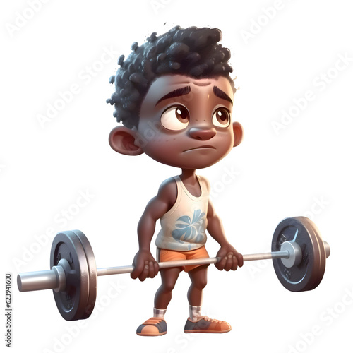Cute little African American boy lifting a barbell - 3D render