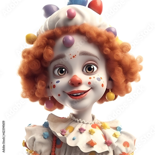 3d rendering of a cute clown with orange hair isolated on white background