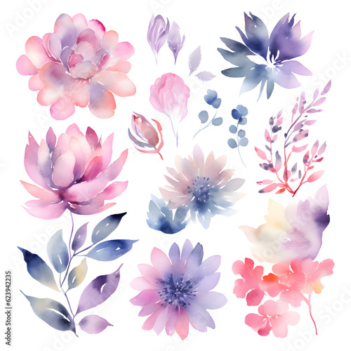 Watercolor flowers set. Handmade illustration. Isolated on white background.