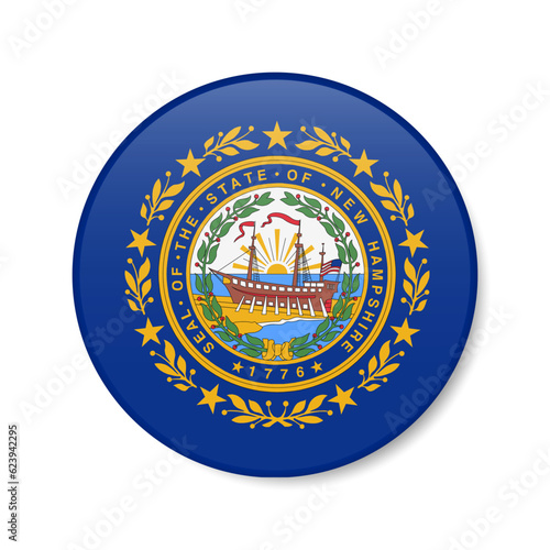 New Hampshire flag circle button icon, US state round badge. 3D realistic isolated vector illustration