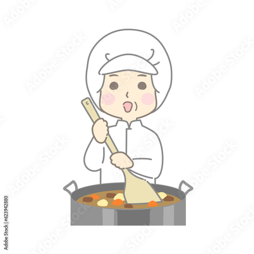 お鍋をかき混ぜる笑顔の調理スタッフ（給食センター・食堂・調理加工）