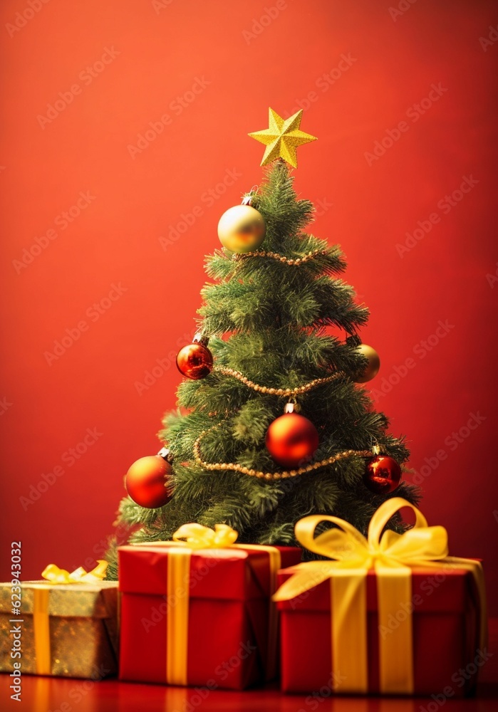 christmas decorations, green tree with red ribbon and gold balls, under gift boxes