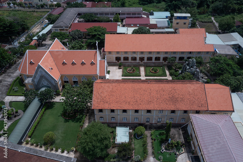 Thủ Thiêm Lovers of the Holy Cross Convent are among the oldest buildings in Ho Chi Minh City, Vietnam. Aerial view  over French Colonial convent .