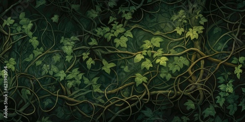 Twisting vines and leaves intertwine, creating a lush and enchanting nature-inspired texture background. Generative AI