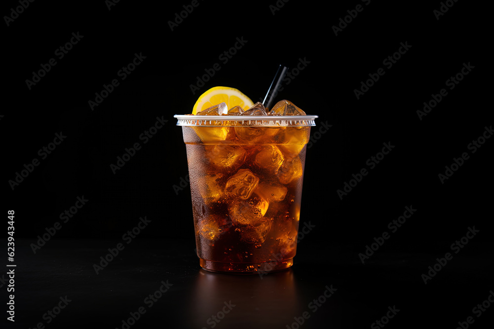 Iced lemon tea on plastic takeaway glass isolated on dark background Iced lemon tea on plastic takeaway glass isolated on dark background