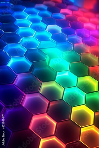 Futuristic glowing rainbow colors gradiant, hexagonal or honeycomb background