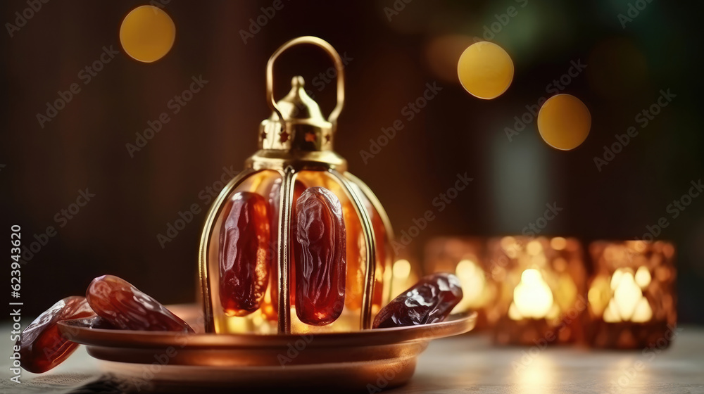 Ramadan lantern and a plate of dates on the table Ramadan lantern and a plate of dates on the table