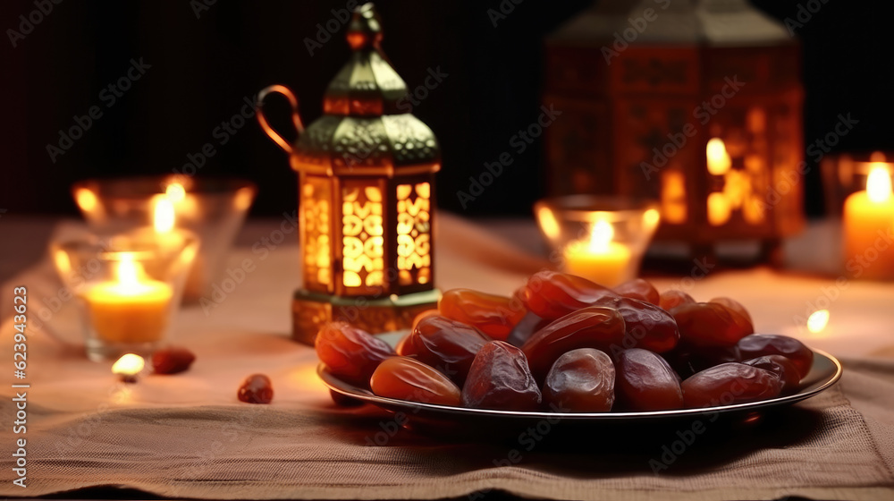 Ramadan lantern and a plate of dates on the table