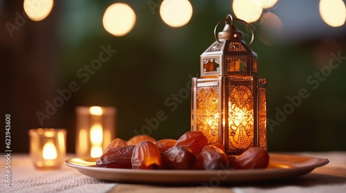 Ramadan lantern and a plate of dates on the table