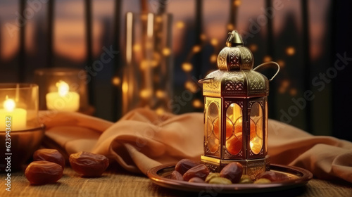Ramadan lantern and a plate of dates on the table