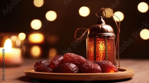 Ramadan lantern and a plate of dates on the table