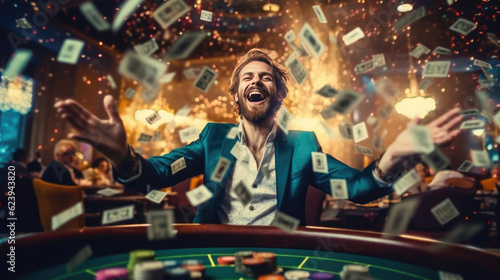 A happy man winning poker in casino and money flying around him