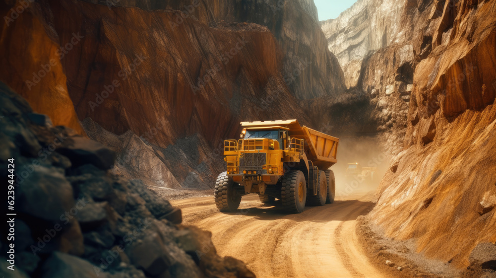 A yellow haul truck in the mine A yellow haul truck in the mine