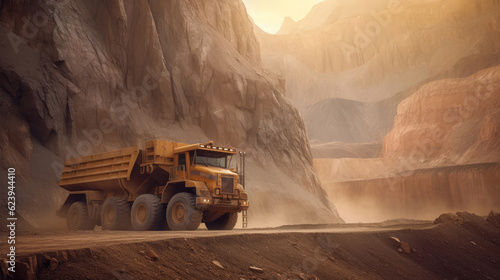 A yellow haul truck in the mine