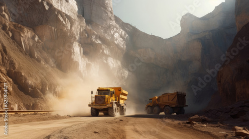 A yellow haul truck in the mine