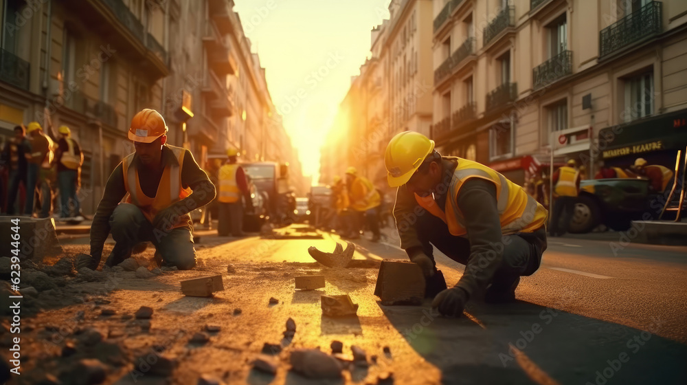 Workers repairing broken street