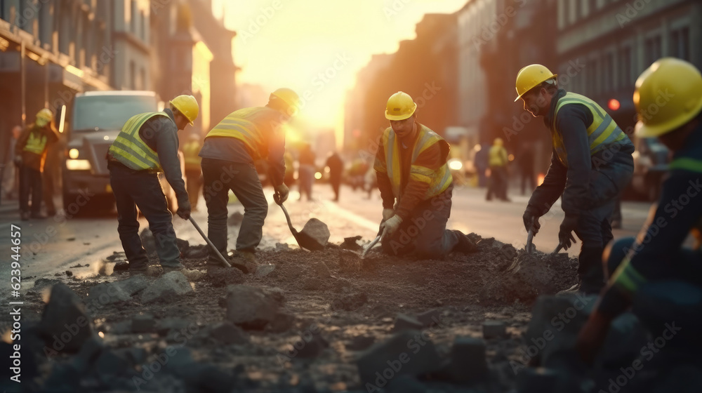 Workers repairing broken street Workers repairing broken street