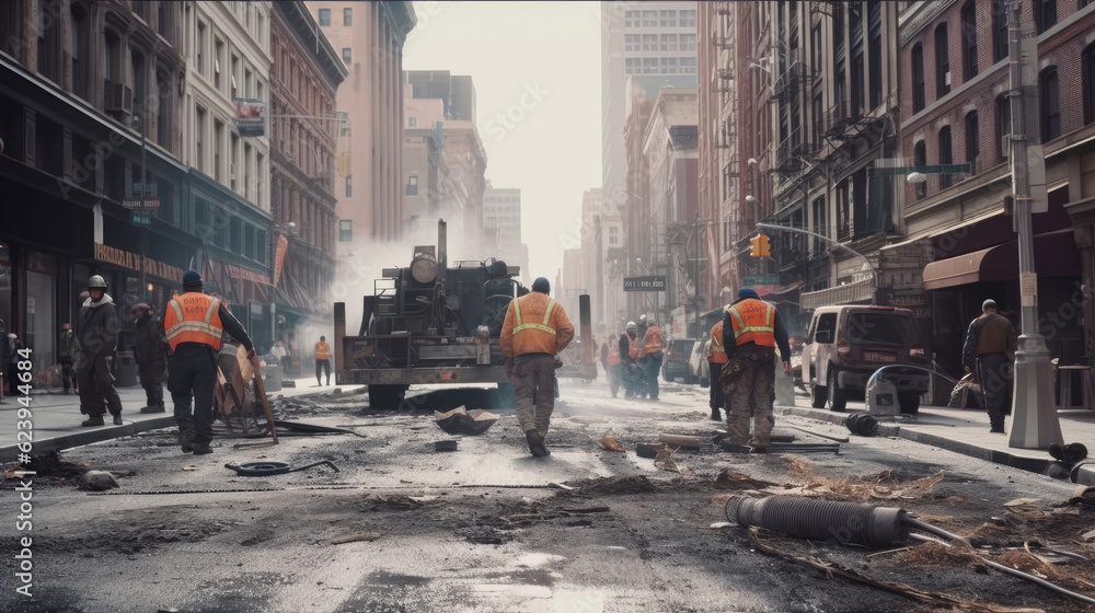 Fototapeta premium Workers repairing broken street