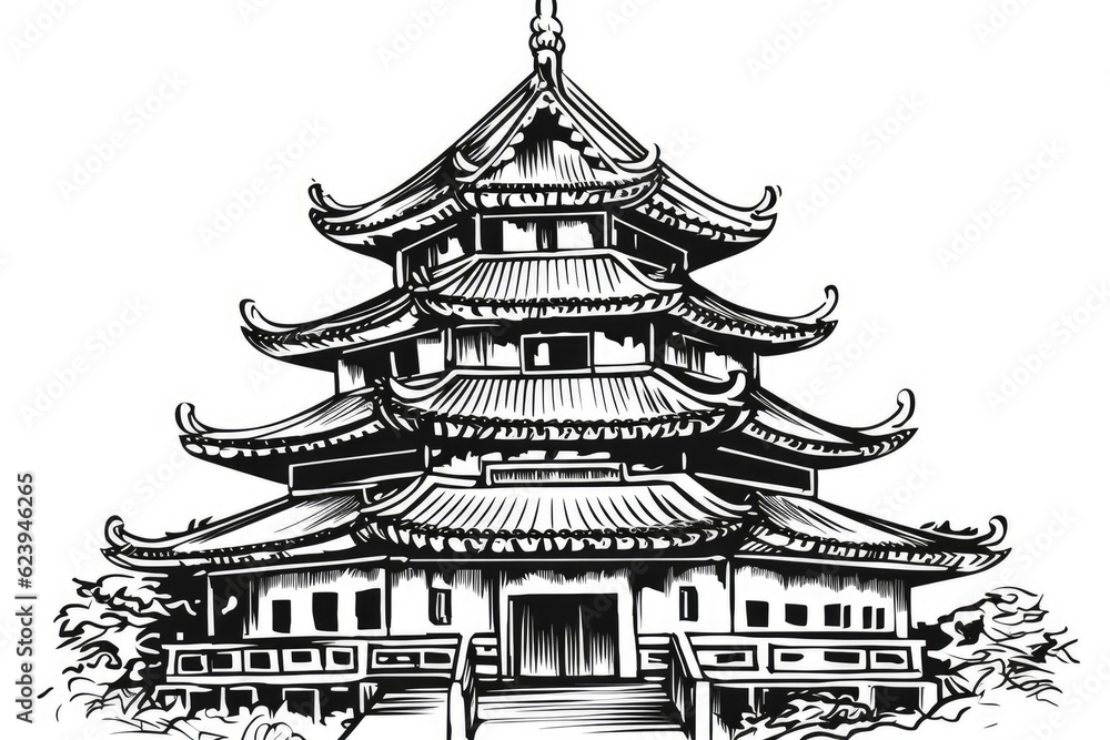 traditional pagoda in black and white. Generative AI