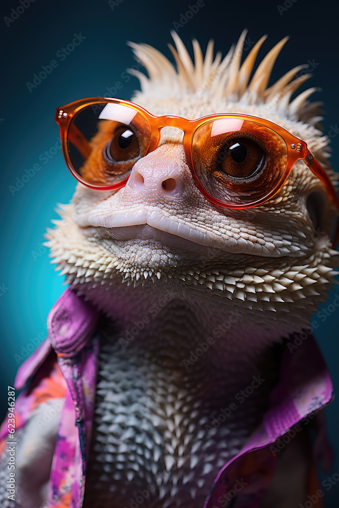 colorful lizard wearing sunglasses, simple pastel color background