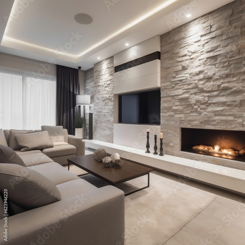 Fireplace decorated with stone tiles in minimalist interior design of modern living room with sofa generative ai