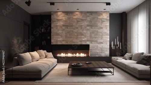 Fireplace decorated with stone tiles in minimalist interior design of modern living room with sofa generative ai © tanjidvect