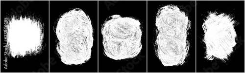 Set of scribble hand drawn in chalk on black background. Shabby white texture. Monochrome stain element. Rusted effect. Digitally generated image. Vector illustration, Eps 10.