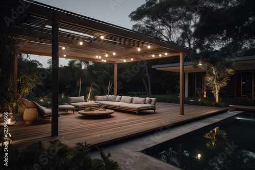 Interior design of a lavish side outside garden at evening  with a teak hardwood deck and a black pergola. Scene in the evening with couches and lounge chairs by the pool. Generative AI