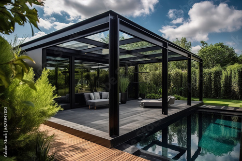 Modern black bioclimatic pergola with view on an outdoor patio. Teak wood flooring, a pool, and lounge chairs, green grass and trees in a garden. Generative AI