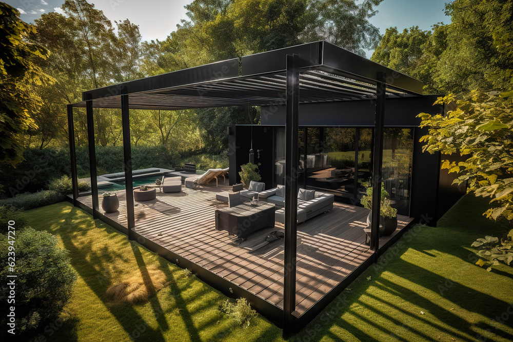 Modern black bioclimatic pergola with view on an outdoor patio. Teak wood flooring, a pool, and lounge chairs, green grass and trees in a garden. Generative AI