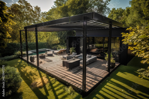 Modern black bioclimatic pergola with view on an outdoor patio. Teak wood flooring, a pool, and lounge chairs, green grass and trees in a garden. Generative AI