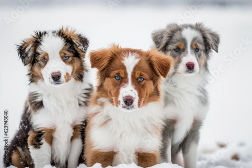 three dogs sitting together in a snowy landscape. Generative AI