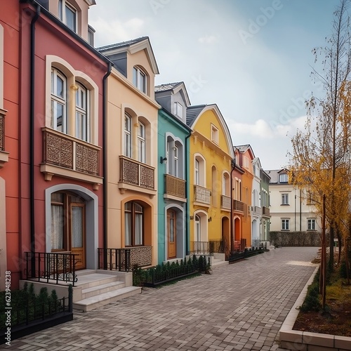 Colorful stucco traditional private townhouses residential architecture exterior generative ai