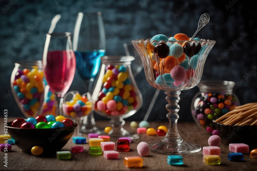 colorful candy buffet on a wooden table. Generative AI