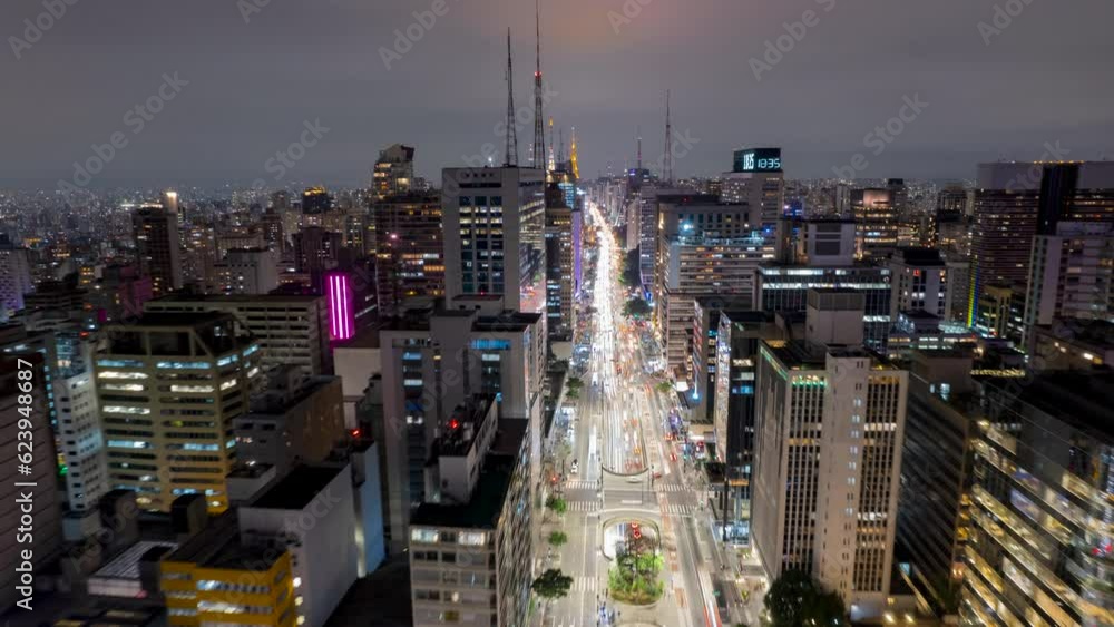 Aerial view of Av. Paulista in Sao Paulo, SP. Main avenue of the capital. Photo at night, with car lights.