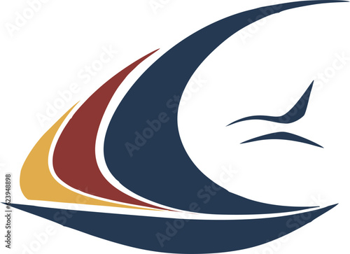 Sailing boat on the water, vector logo, colored caravelle emblem.