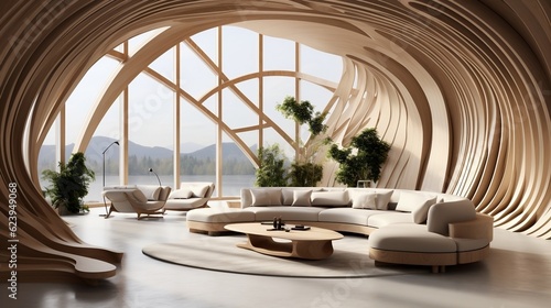 The interior design of the modern living room with abstract wooden arched ceiling and wall with curved lines generative ai