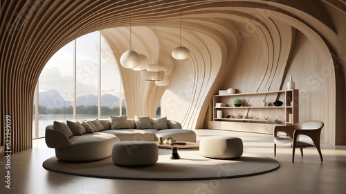 The interior design of the modern living room with abstract wooden arched ceiling and wall with curved lines generative ai © tanjidvect