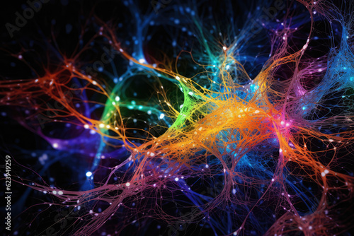Gold Bright Neuronal learning Energy, 3d neurons forge new connections, brain's cognitive abilities, Colorful Neurons in Brain, Motley brain's neurons fire in vivid synchrony, deep concentration focus © Leo